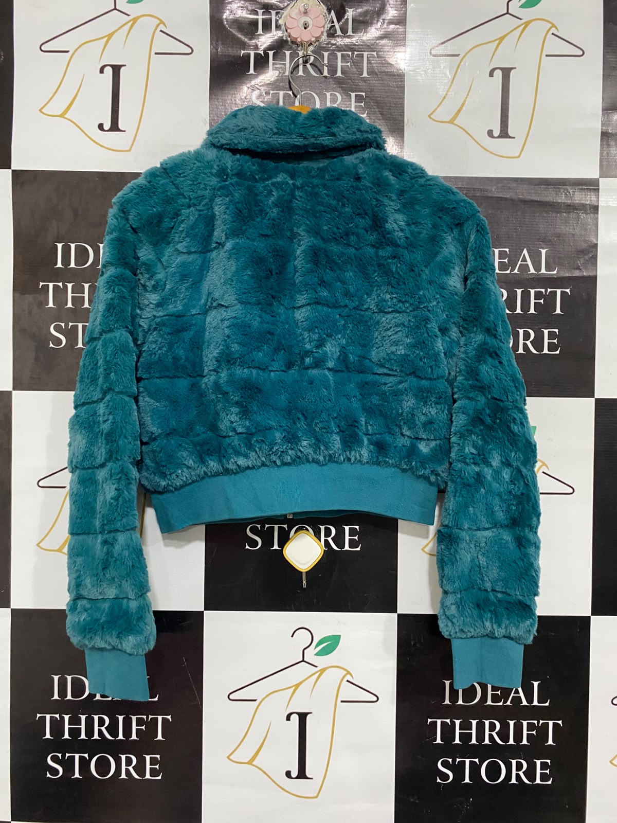 MISS SHOP |S | BUST 18 | A74 | TEAL FAUX FUR COLLARED ZIP-UP CROPPED JACKET