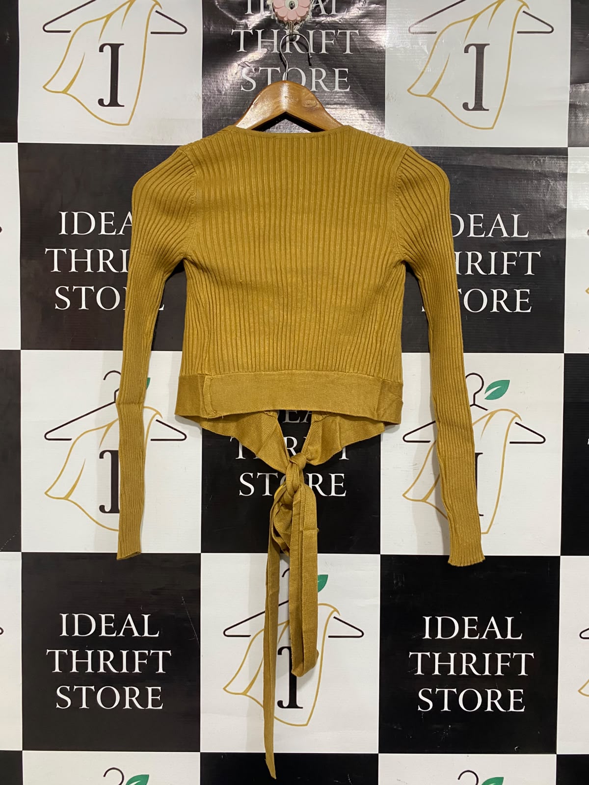 MINKPINK |XS | BUST 12 | A73 | MUSTARD RIBBED TIE-FRONT LONG-SLEEVE CROP TOP