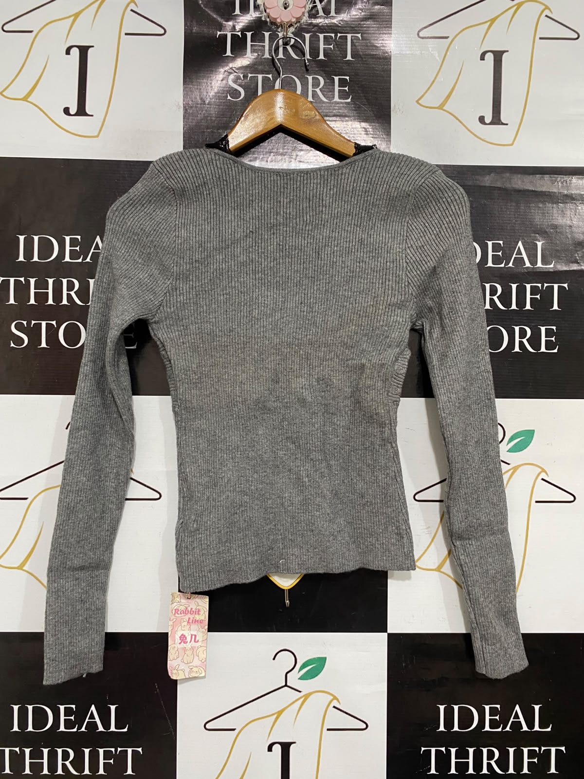 RABBIT LINE |XS | BUST 13 | A73 | GREY LACE-TRIM TWIST-FRONT LONG-SLEEVE TOP