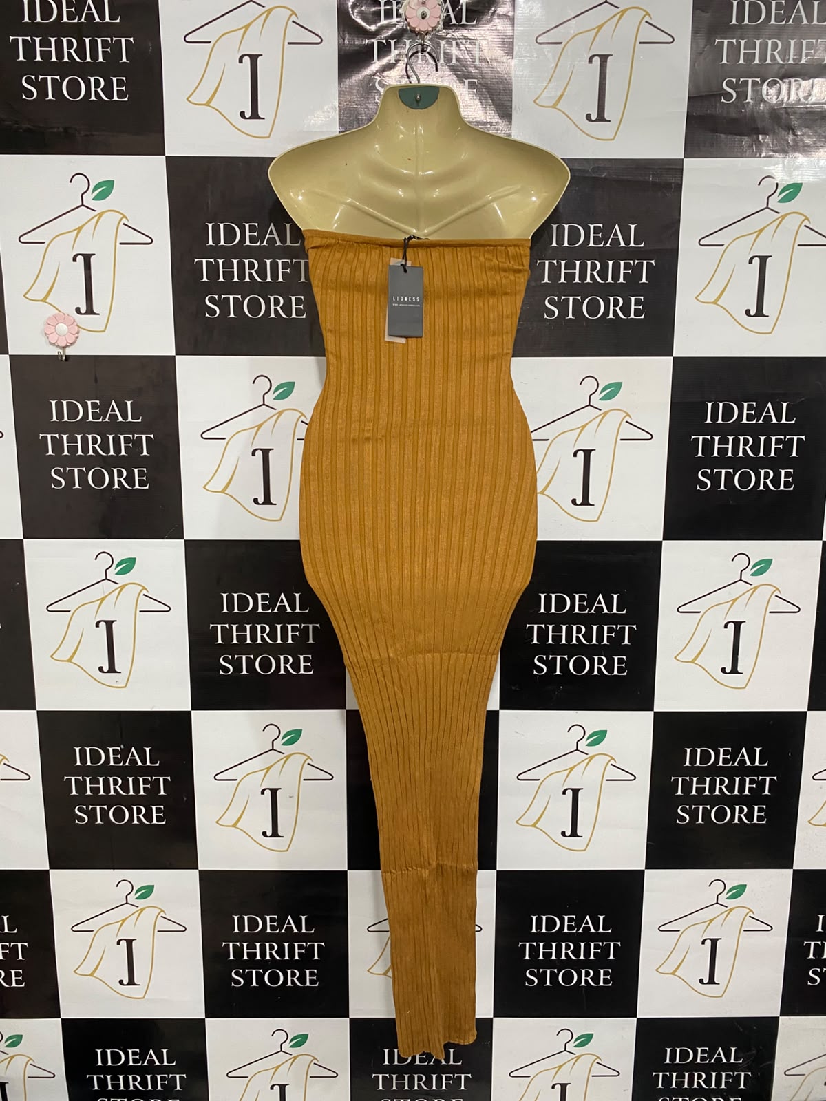 LIONESS |XS | BUST 15 | A75 | MUSTARD BROWN RIBBED STRAPLESS TUBE MAXI DRESS