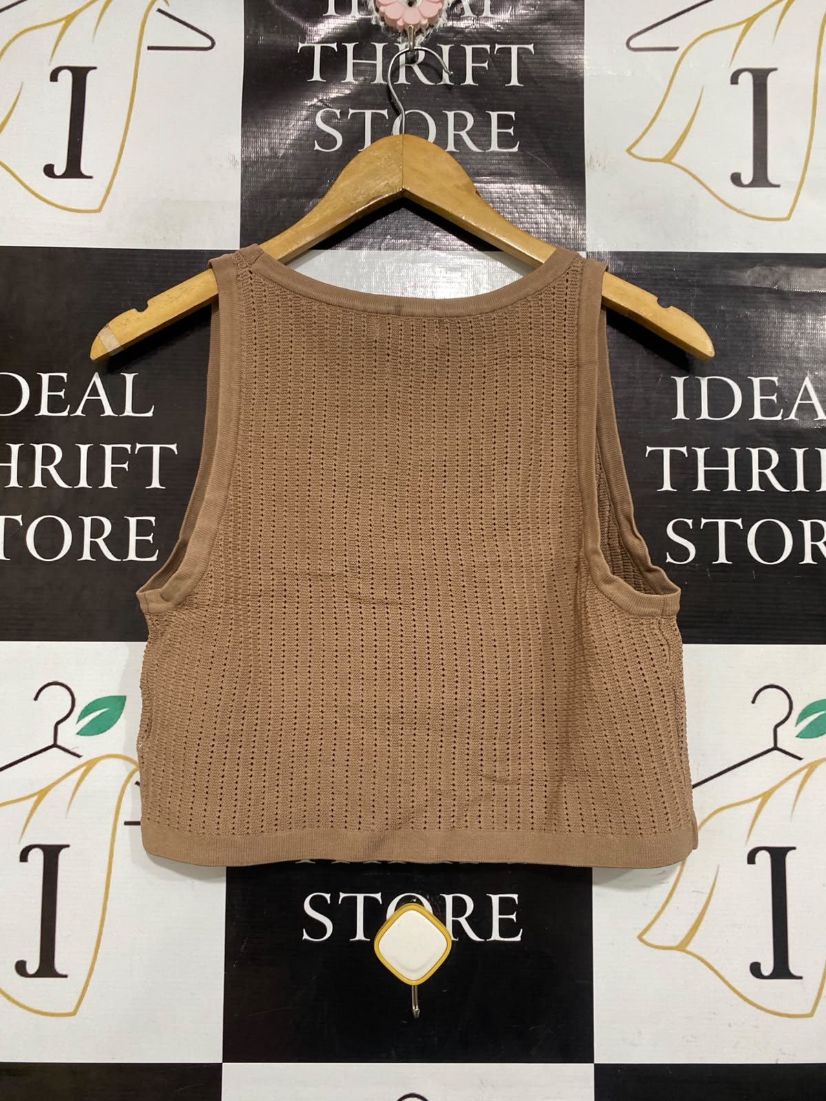 SEVEN WONDERS |S | BUST 16 | A75 | CAMEL BROWN OPEN-KNIT TANK TOP
