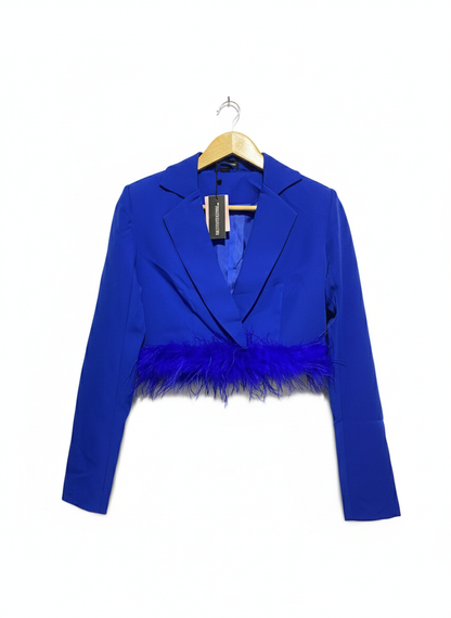 PRETTY LITTLE THING|XS|BUST 16| Blue Feather Trim Cropped Boxy Blazer