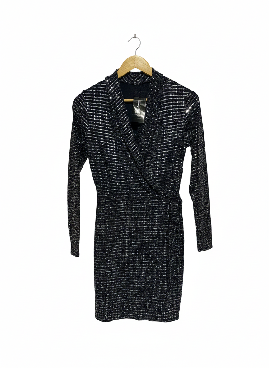 QUIZ|M|BUST 16|Black & Silver Sequin Wrap Dress