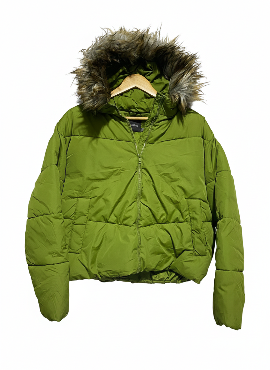 BOOHOO|M|BUST 24| Green Faux Fur Trim Hooded Padded Puffer Jacket