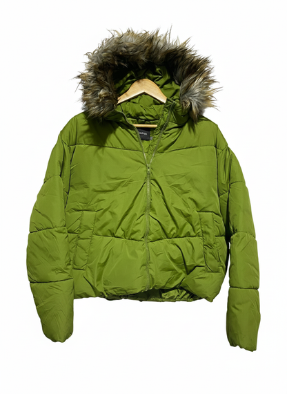 BOOHOO|M|BUST 24| Green Faux Fur Trim Hooded Padded Puffer Jacket