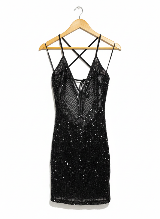 BANJUL|XS/S|BUST 14|BLACK SEQUIN DEEP V-NECK MINI DRESS
