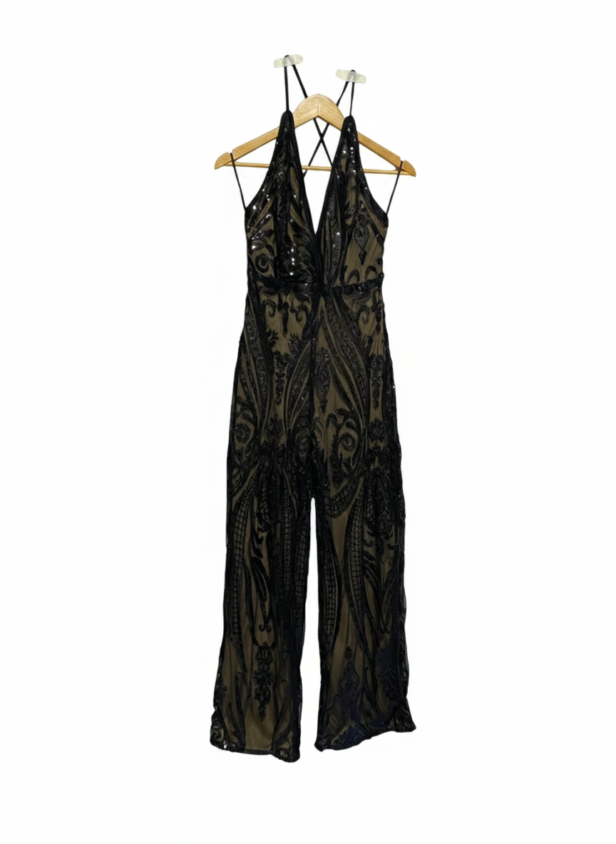 SHEIN|L|BUST 15|Black Sequin and Mesh Wide Leg Halter Neck Jumpsuit