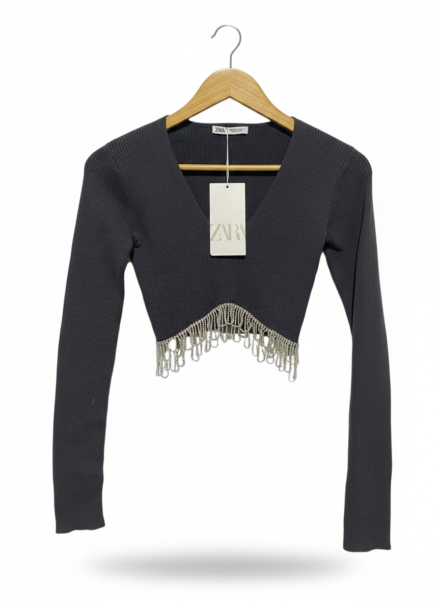 ZARA|S|BUST 12|RHINESTONE TRIM FRINGE V NECK SOFT KNIT LONG SLEEVE CROP TOP