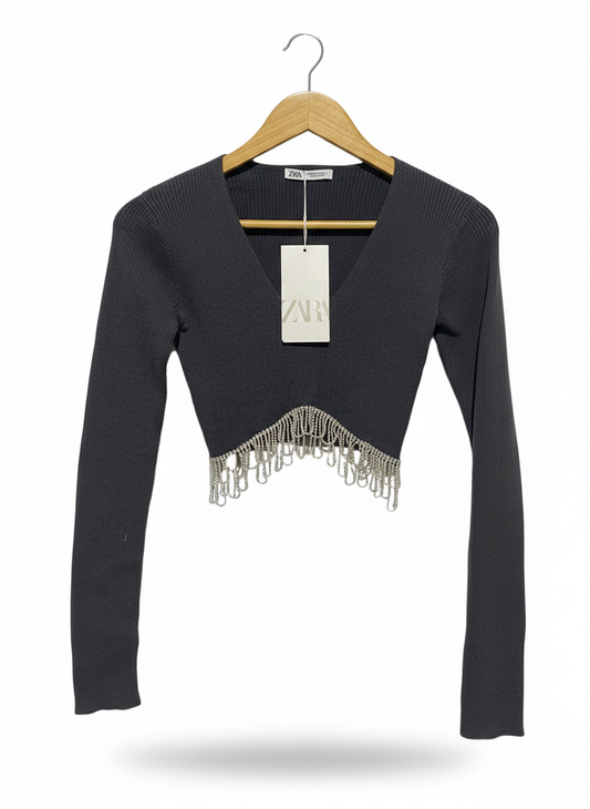 ZARA|S|BUST 12|RHINESTONE TRIM FRINGE V NECK SOFT KNIT LONG SLEEVE CROP TOP