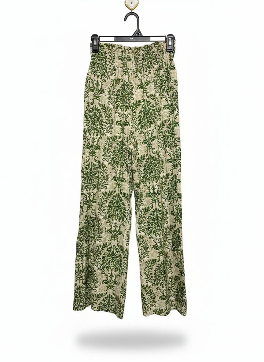 SHEIN |S| WAIST 24| GREEN DAMASK WIDE-LEG TROUSERS