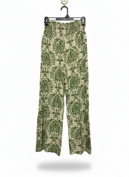 SHEIN |S| WAIST 24| GREEN DAMASK WIDE-LEG TROUSERS