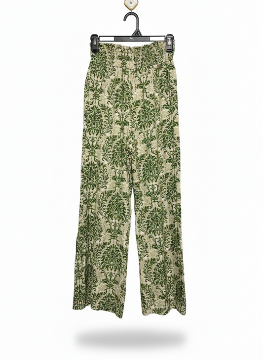 SHEIN |S| WAIST 24| C8| GREEN DAMASK WIDE-LEG TROUSERS