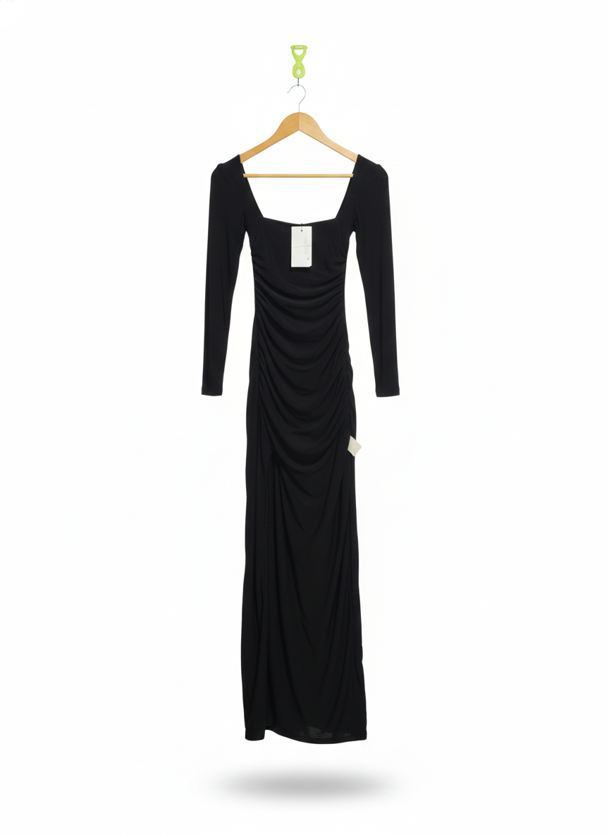CLUB L LONDON|S|BUST 11|BLACK SQUARE NECK RUCHED LONG SLEEVE MAXI DRESS