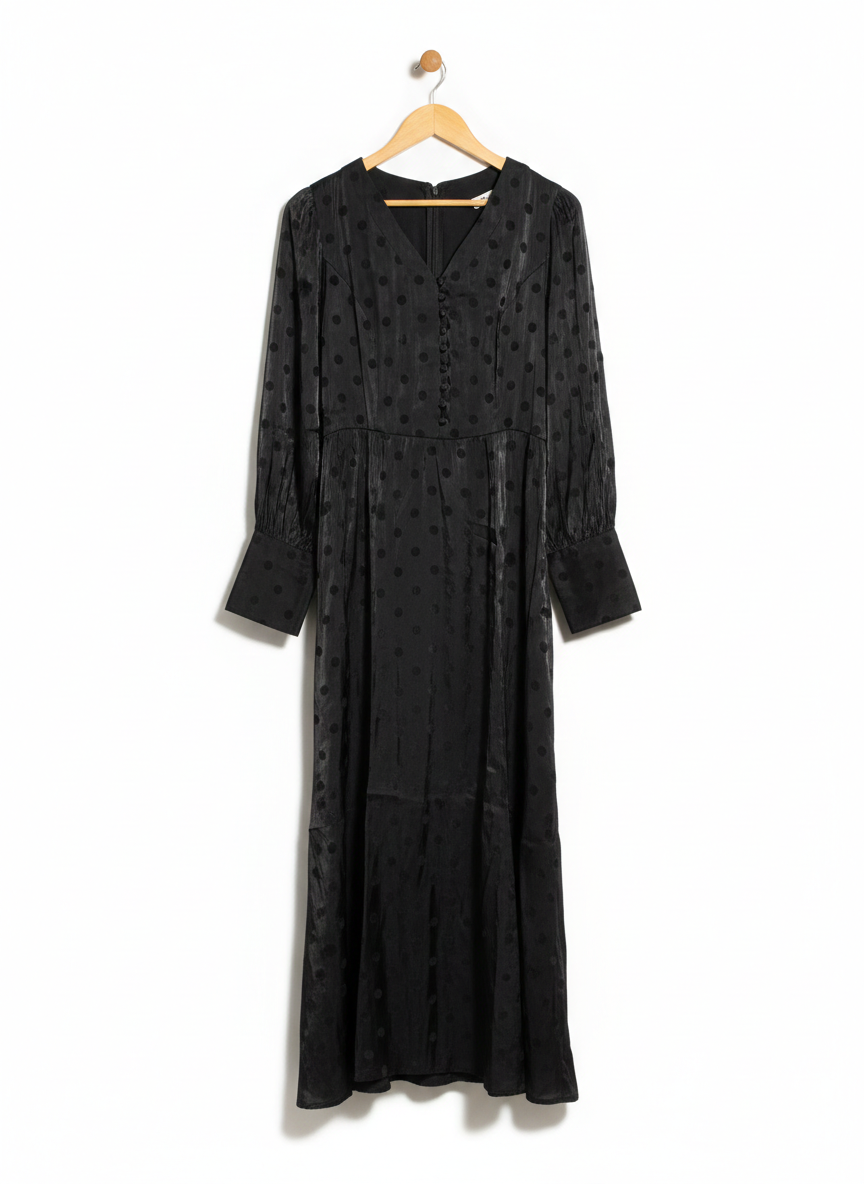 DREAM HOUSE |L| BUST 19| WOMEN’S BLACK SATIN MAXI DRESS - CLASSIC JACQUARD POLKA DOT PATTERN