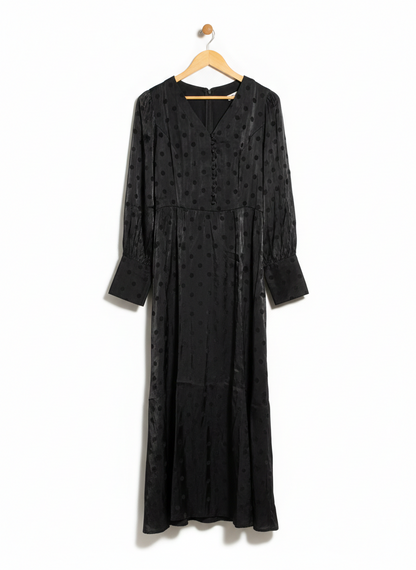 DREAM HOUSE |L| BUST 19| WOMEN’S BLACK SATIN MAXI DRESS - CLASSIC JACQUARD POLKA DOT PATTERN