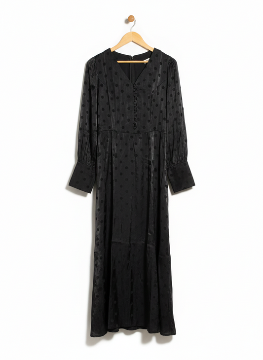 DREAM HOUSE |L| BUST 19| WOMEN’S BLACK SATIN MAXI DRESS - CLASSIC JACQUARD POLKA DOT PATTERN