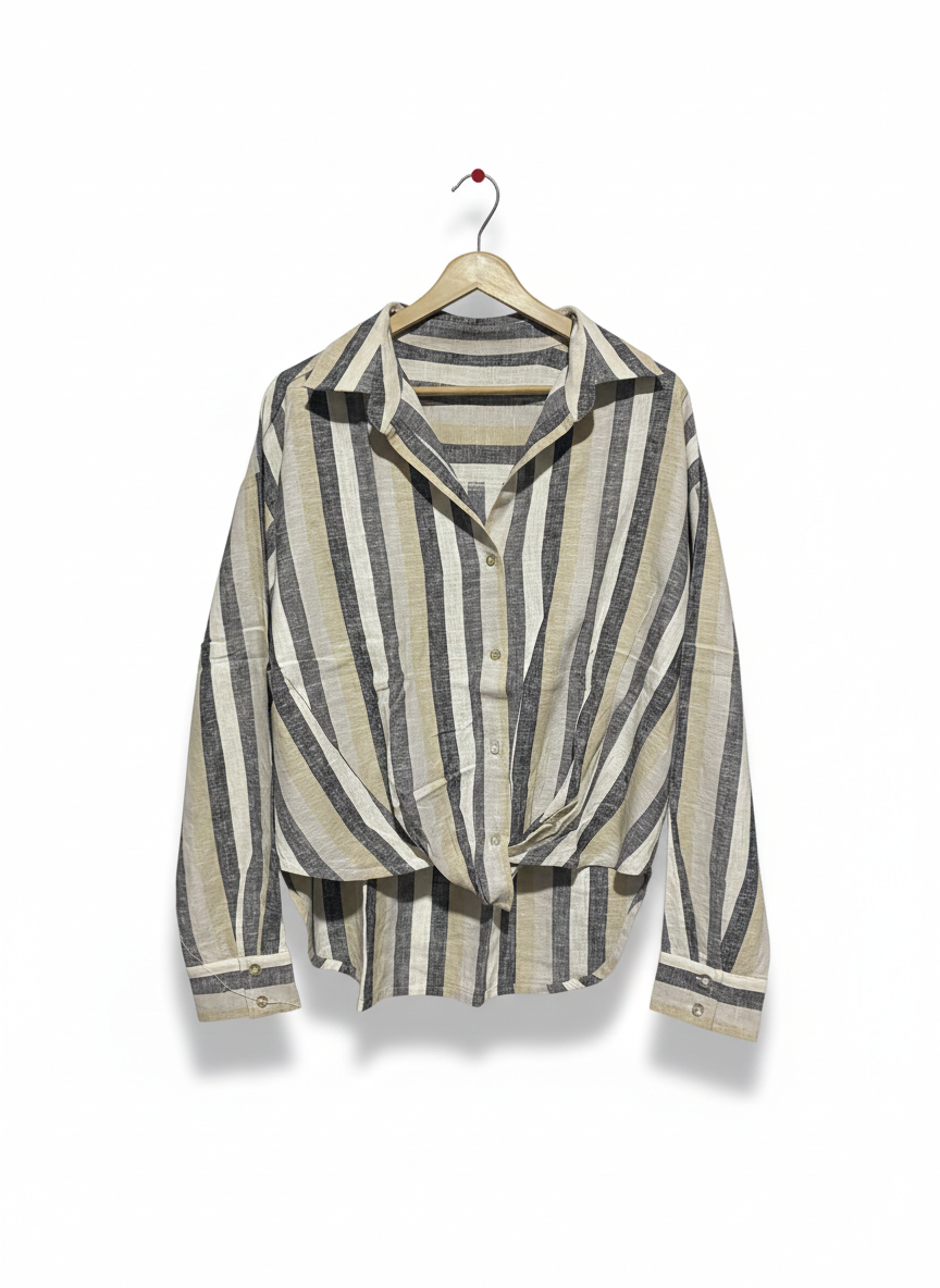 CHIC EARTH-TONED STRIPED KNOT-FRONT BLOUSE |L| BUST 24|