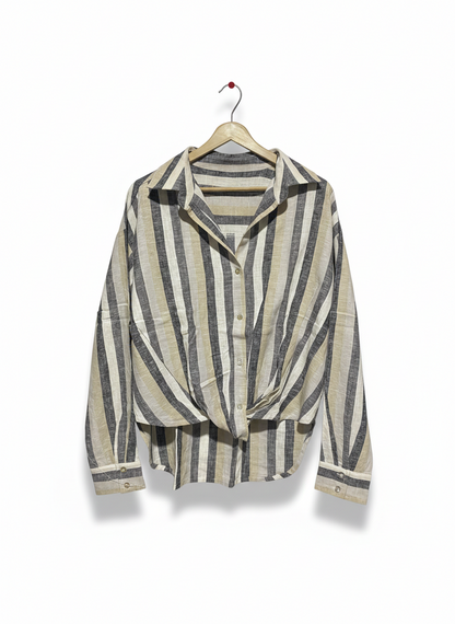 CHIC EARTH-TONED STRIPED KNOT-FRONT BLOUSE |L| BUST 24|