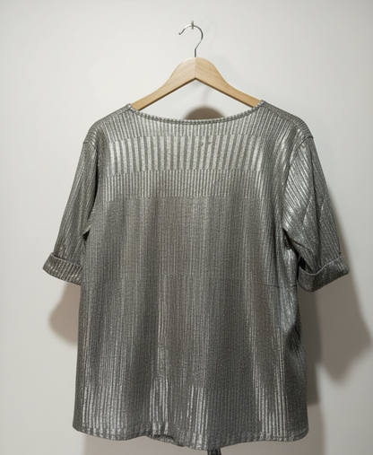 Kim & Cami Women Silver Metallic Short Sleeve Knot Tie Top W-21 / L-23