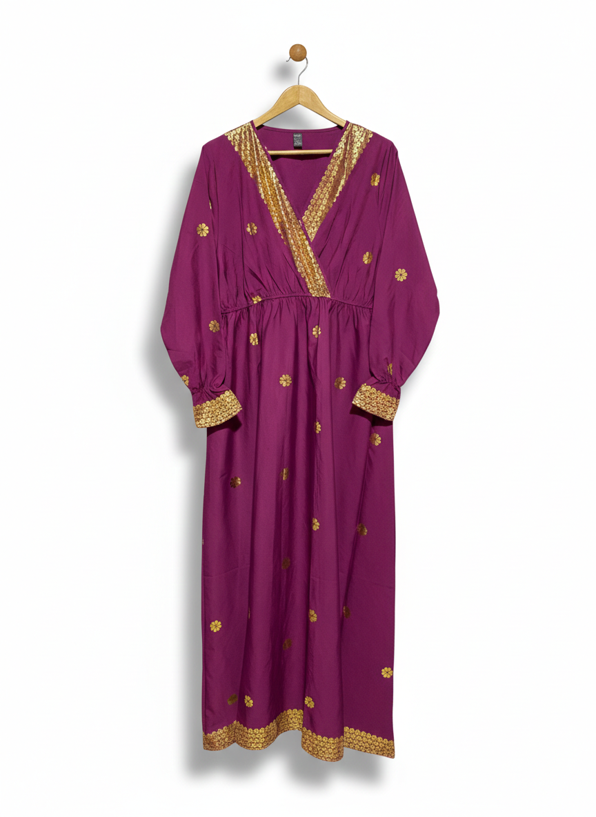 SHEIN |XL| BUST 18| C3| ELEGANT MAGENTA V-NECK MAXI GOWN – LUXURY WRAP DRESS WITH GOLD FLORAL EMBROIDERY AND SMOCKED CUFFS
