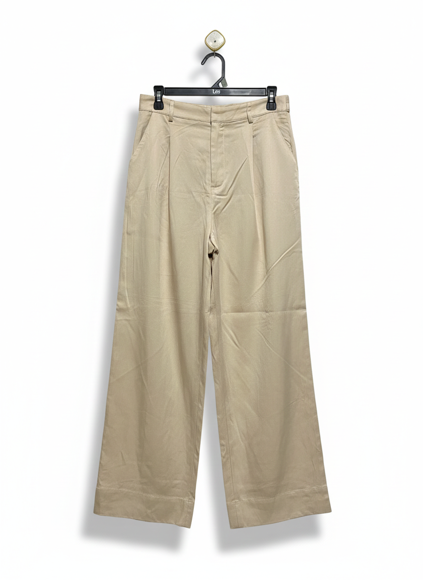MINKPINK |M| WAIST 30| WOMEN'S HIGH-WAISTED WIDE-LEG PLEATED TROUSERS - KHAKI BEIGE