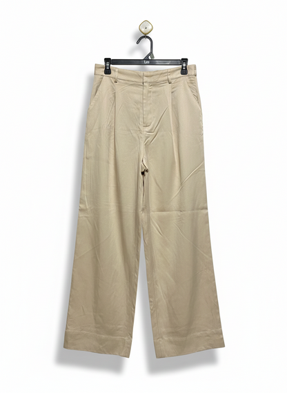 MINKPINK |M| WAIST 30| WOMEN'S HIGH-WAISTED WIDE-LEG PLEATED TROUSERS - KHAKI BEIGE