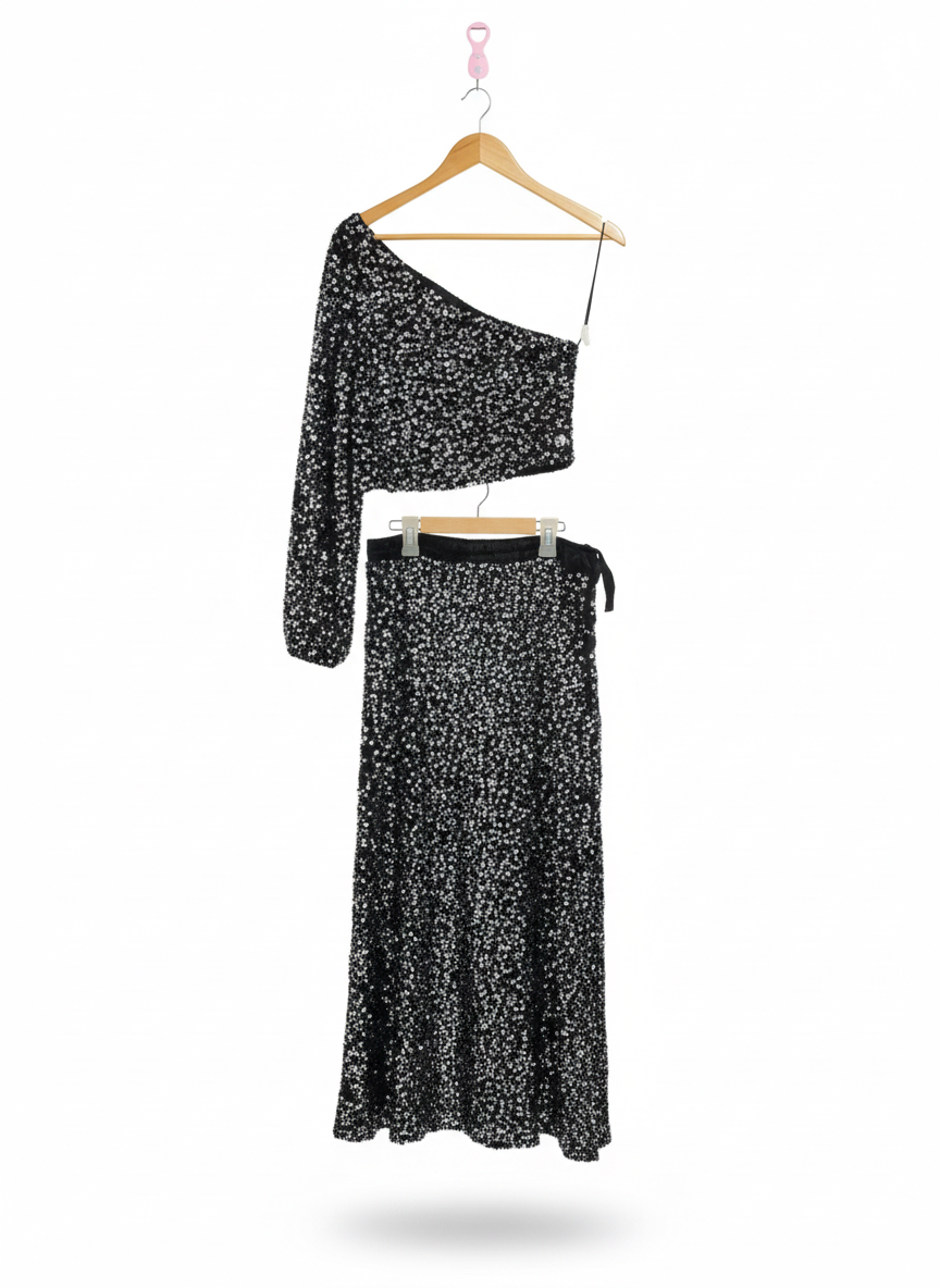 URBAN REVIVO|M|BLACK AND SILVER SEQUIN ONE SHOULDER CO-ORD SET