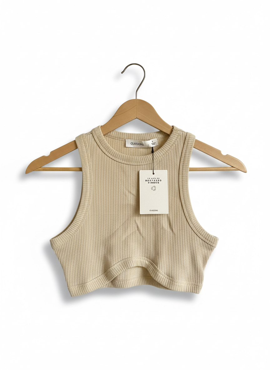 GLASSONS |S| BUST 13| BEIGE RIBBED KNIT CROPPED TANK TOP
