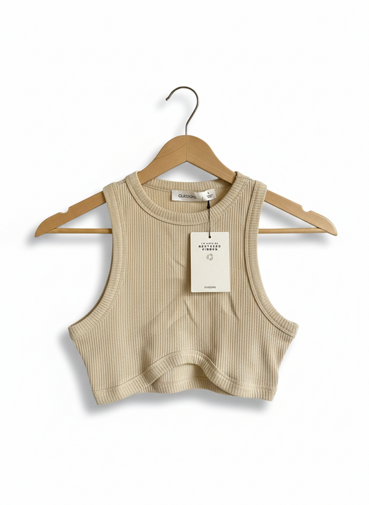 GLASSONS |S| BUST 13| BEIGE RIBBED KNIT CROPPED TANK TOP