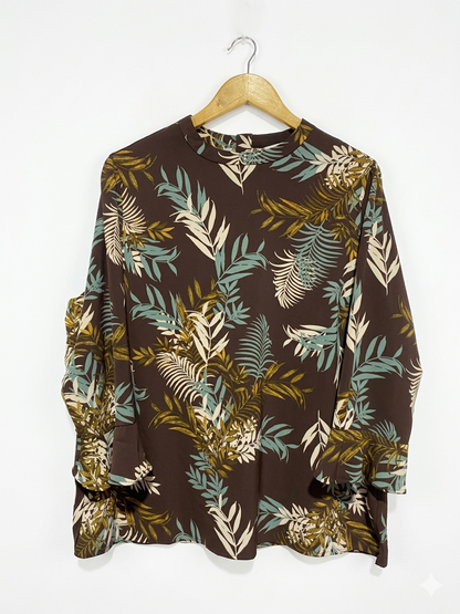 NEXT | XL| BUST 23 | B9| BROWN TROPICAL LEAF PRINT LONG SLEEVE BLOUSE