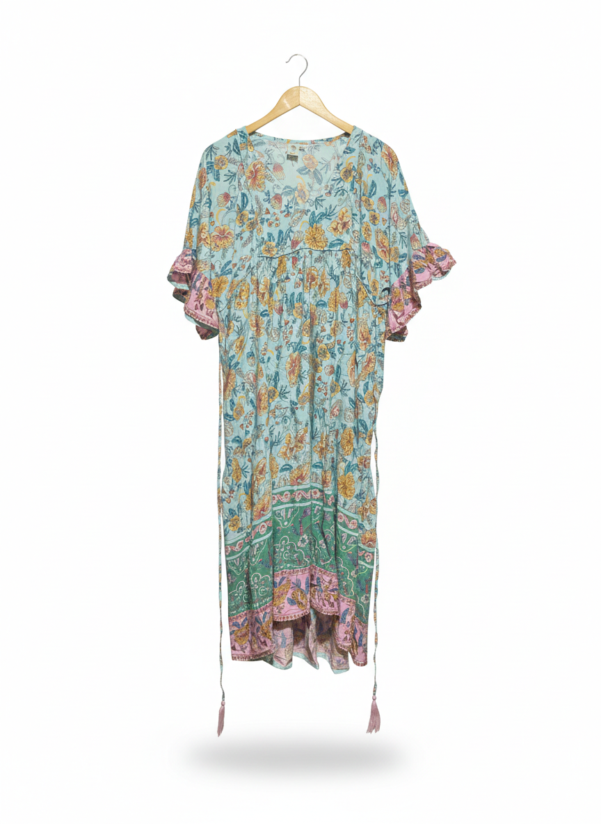 SUKISU |M| BUST 20|B12| MINT BLUE BOHO FLORAL MIDI DRESS WITH TASSEL TIES