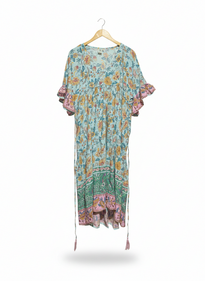 SUKISU |M| BUST 20|B12| MINT BLUE BOHO FLORAL MIDI DRESS WITH TASSEL TIES