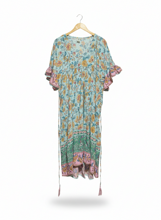 SUKISU |M| BUST 20|B12| MINT BLUE BOHO FLORAL MIDI DRESS WITH TASSEL TIES