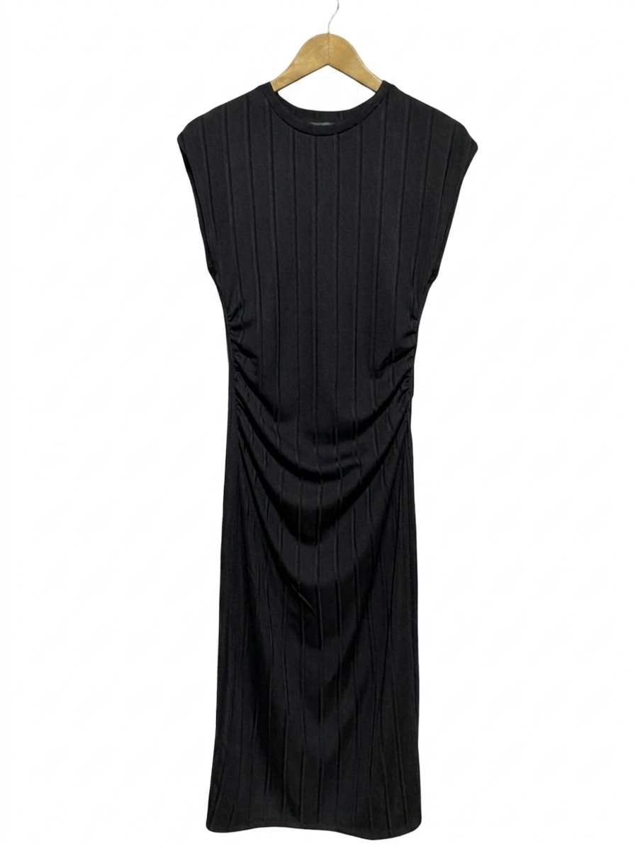 PRIMARK |M| BUST 16| B13| BLACK RIBBED RUCHED MIDI DRESS