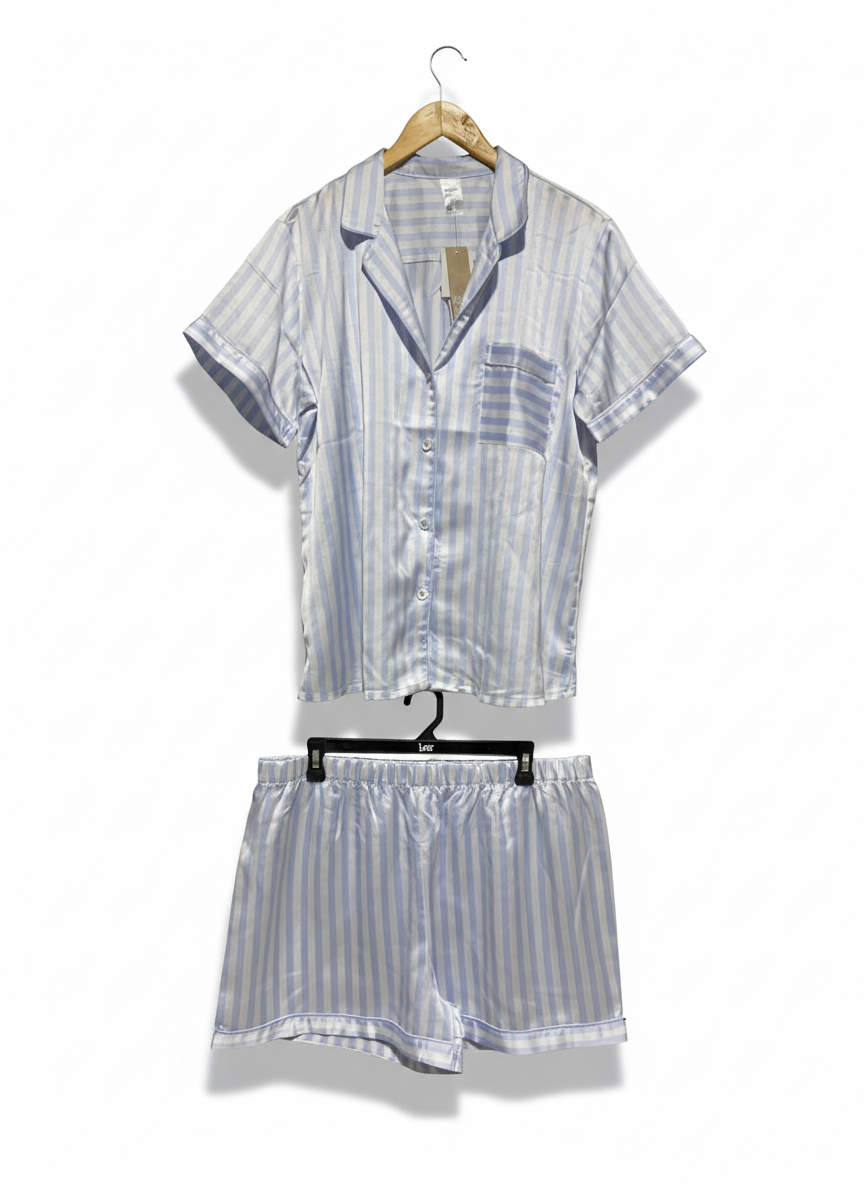 ANKO |L| B19|  BLUE AND WHITE STRIPED SATIN PAJAMA SHORT SET