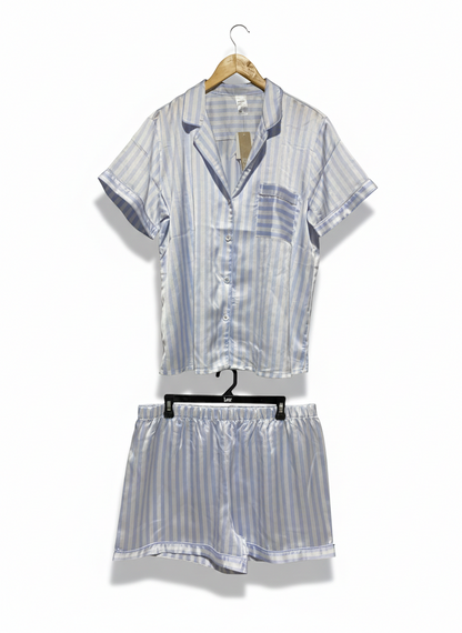 ANKO |L| B19|  BLUE AND WHITE STRIPED SATIN PAJAMA SHORT SET