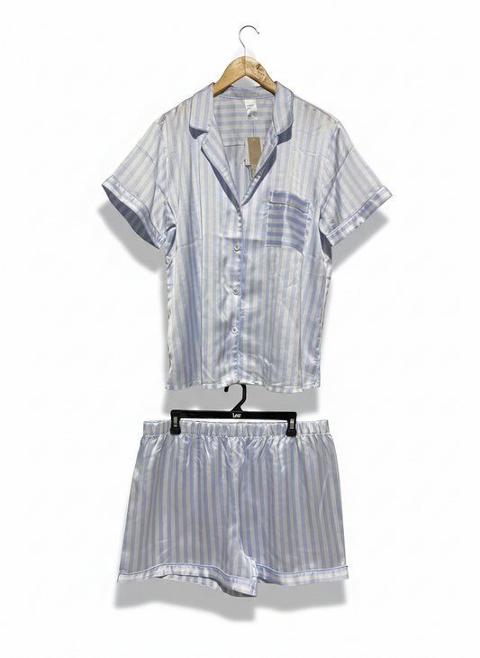 ANKO |L| B19|  BLUE AND WHITE STRIPED SATIN PAJAMA SHORT SET
