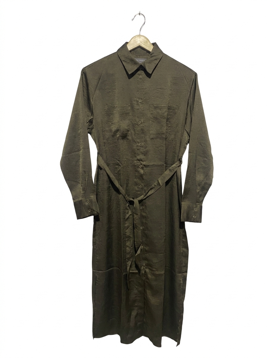 PRIMARK |M| BUST 20| C3| OLIVE GREEN SATIN MAXI SHIRT DRESS