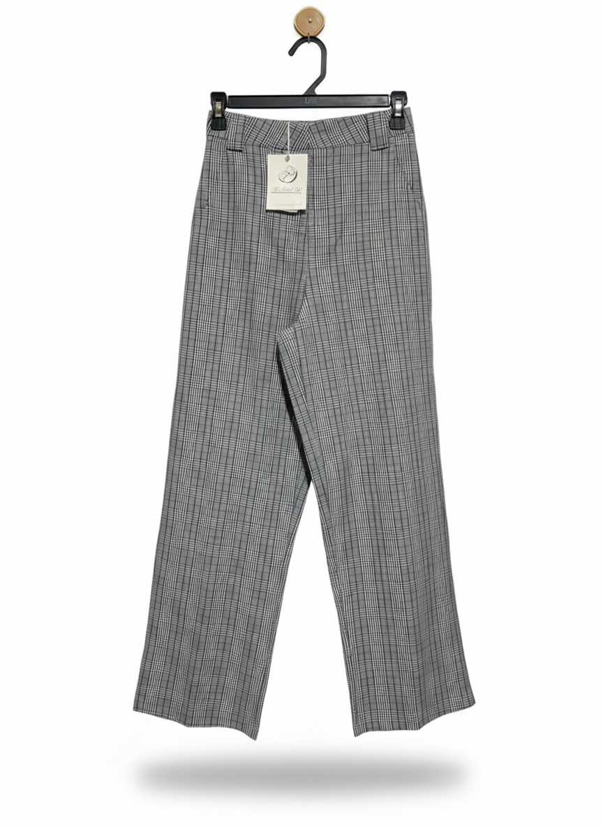 MU MIAN HUA |S| WAIST 24| GREY GLEN CHECK WIDE-LEG TROUSERS