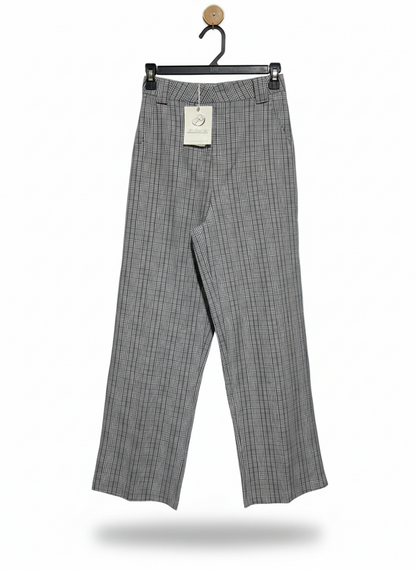 MU MIAN HUA |S| WAIST 24| GREY GLEN CHECK WIDE-LEG TROUSERS