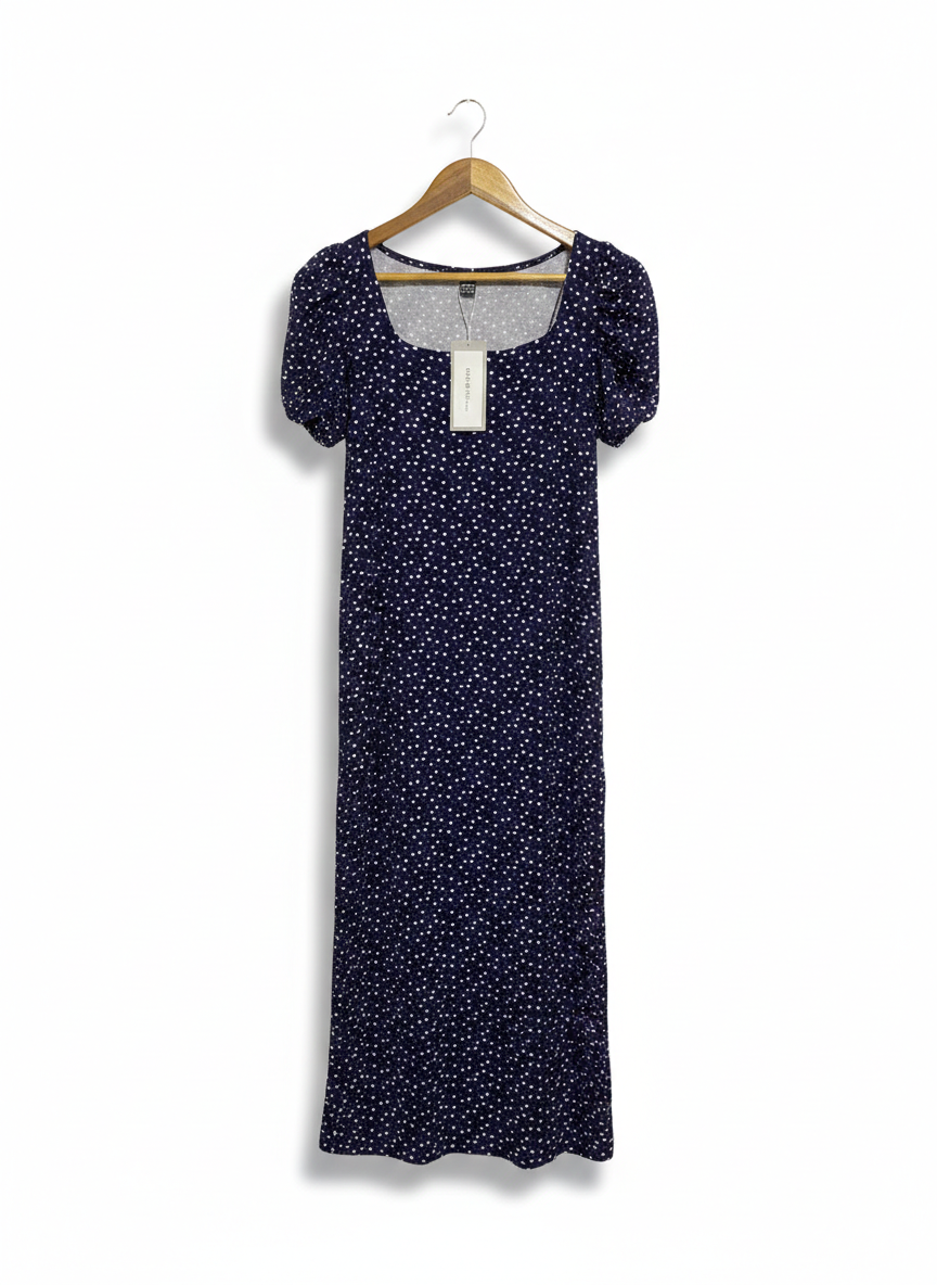 SHEIN |M| BUST 16| C6| NAVY POLKA DOT PUFF SLEEVE MIDI DRESS