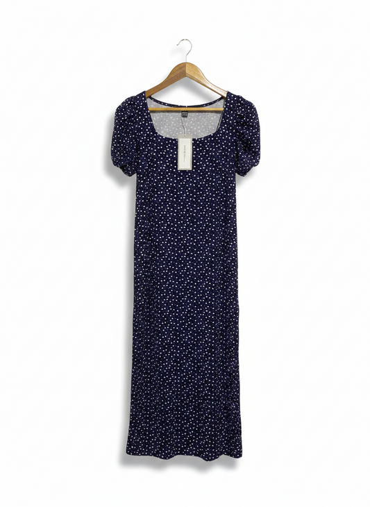 SHEIN |M| BUST 16| C6| NAVY POLKA DOT PUFF SLEEVE MIDI DRESS