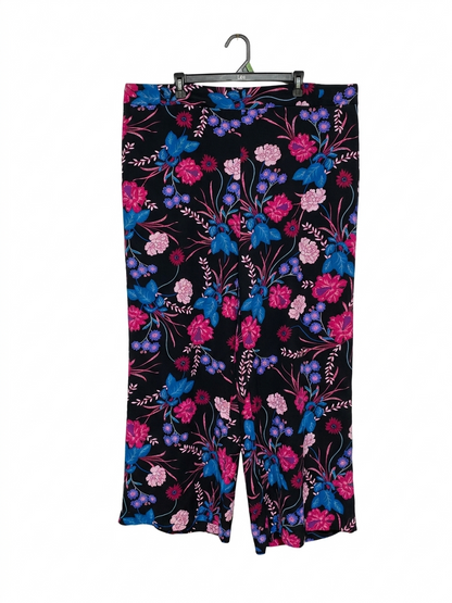 EVANS |XXL| WAIST 44| B8| VIBRANT FLORAL PRINT WIDE-LEG TROUSERS - BLACK WITH PINK & BLUE ACCENTS