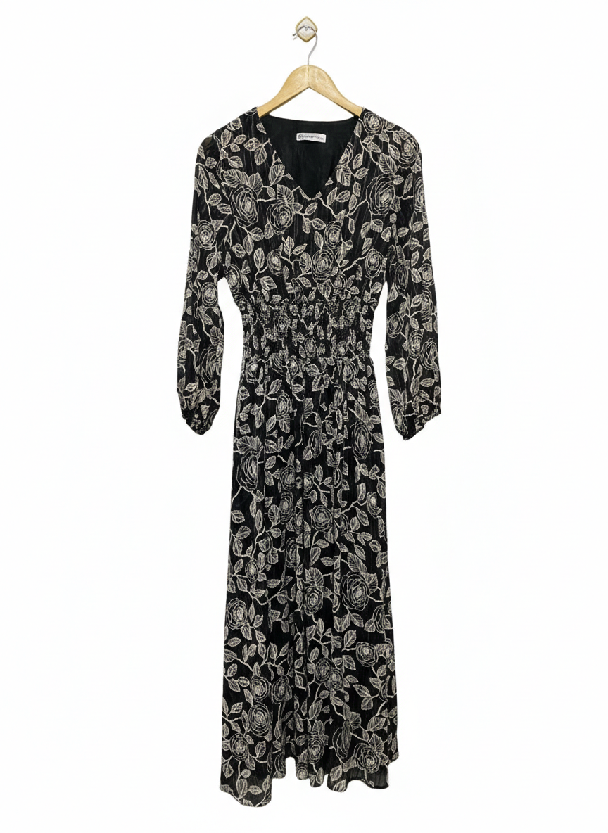 REINA LINE |M| BUST 16|C4|WOMEN'S MONOCHROME FLORAL MAXI DRESS