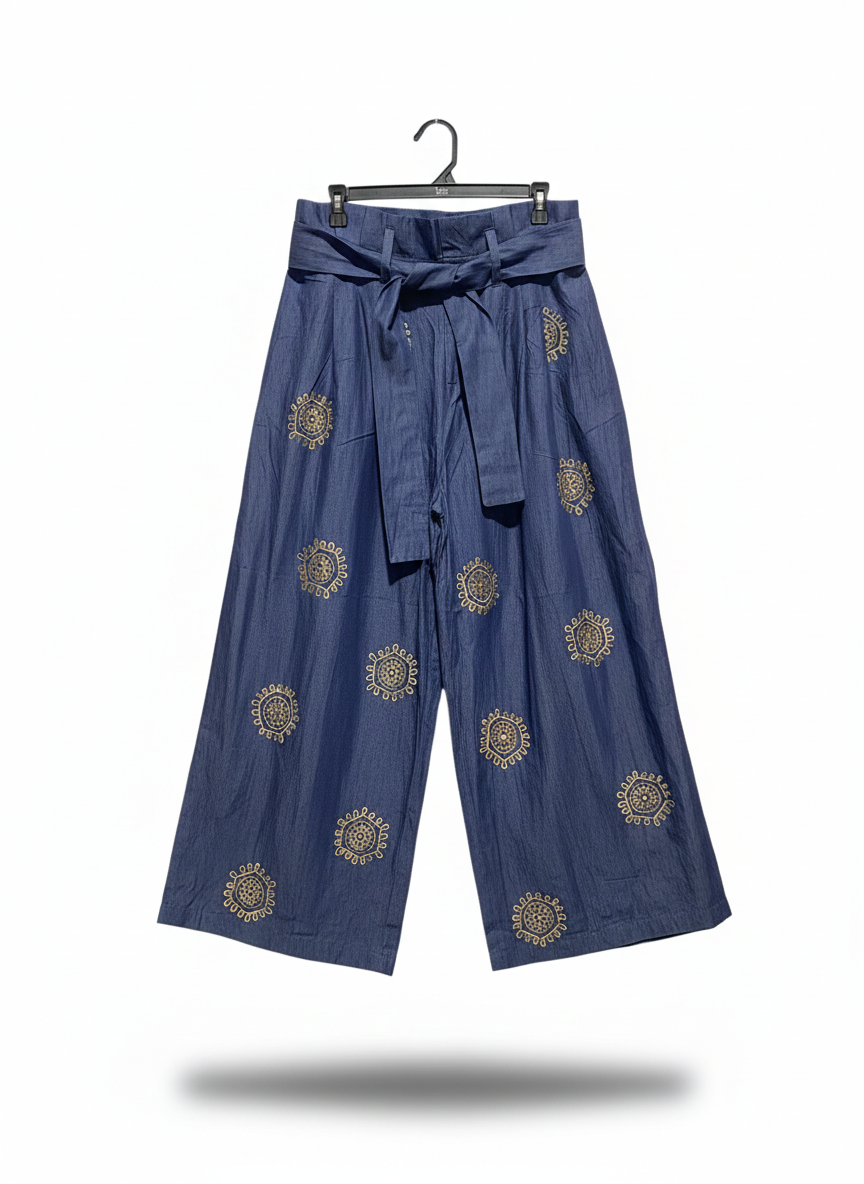 E SHAKTI |L| WAIST 32| BLUE EMBROIDERED WIDE-LEG TROUSERS
