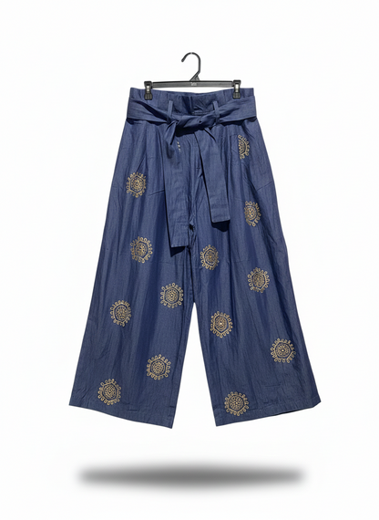 E SHAKTI |L| WAIST 32| BLUE EMBROIDERED WIDE-LEG TROUSERS