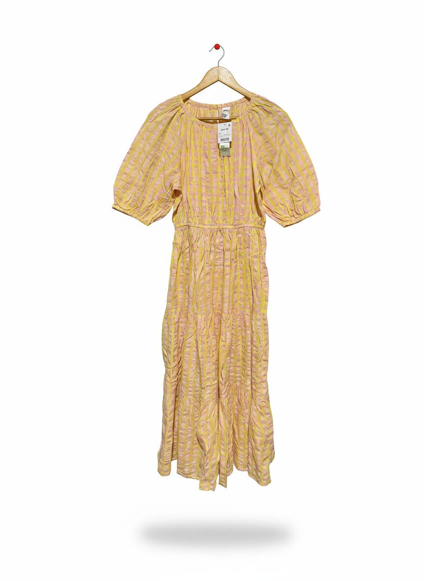 ANKO |M| BUST 16|C4|YELLOW AND PINK SEERSUCKER CHECK MIDI DRESS