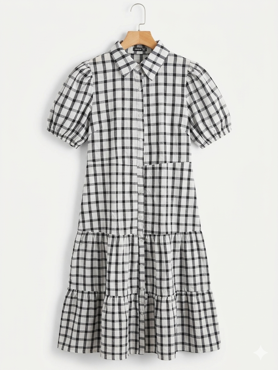 SHEIN | L |BUST 19| B11| BLACK AND WHITE GINGHAM PUFF SLEEVE TIERED SHIRT DRESS