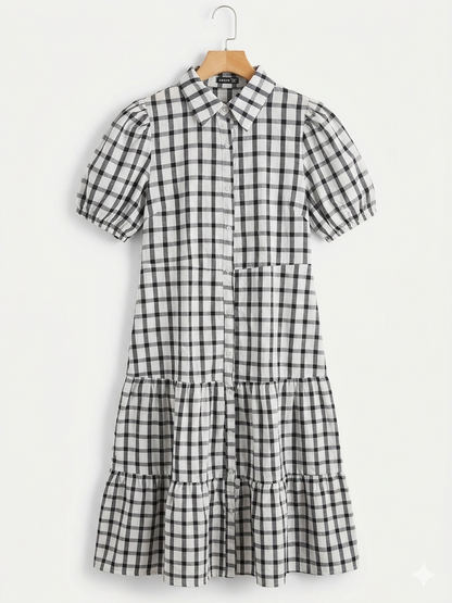 SHEIN | L |BUST 19| B11| BLACK AND WHITE GINGHAM PUFF SLEEVE TIERED SHIRT DRESS