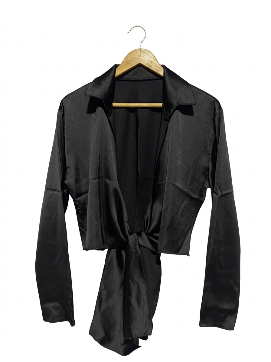 |S| BUST 19 | B9 |  CHIC BLACK SATIN TIE-FRONT CROPPED BLOUSE